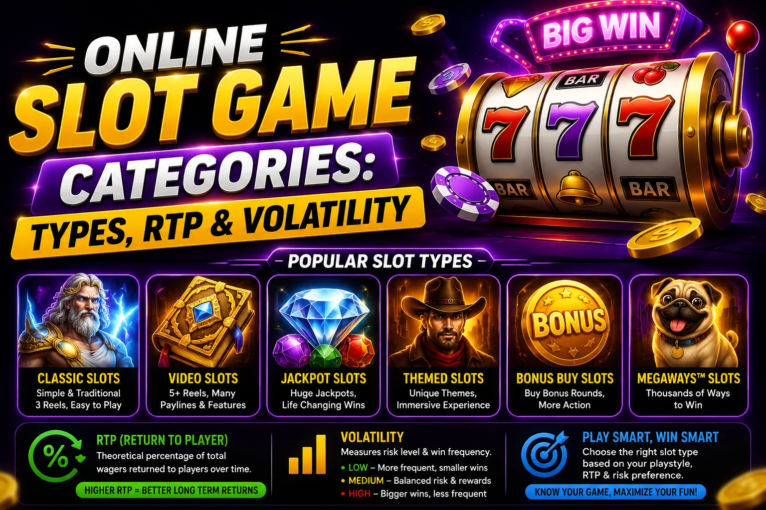 Explore online slot game categories, including Classic, Video, Megaways, Hold & Win, and Jackpot Slots. Learn RTP, volatility, and how to choose wisely.