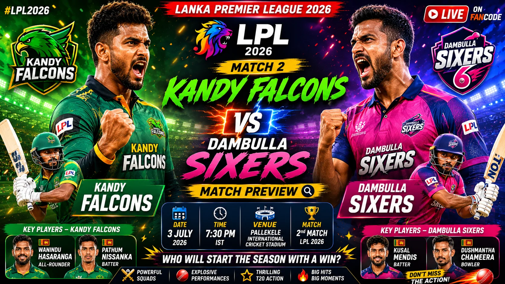 Kandy Falcons vs Dambulla Sixers LPL 2026 Match 2 Preview