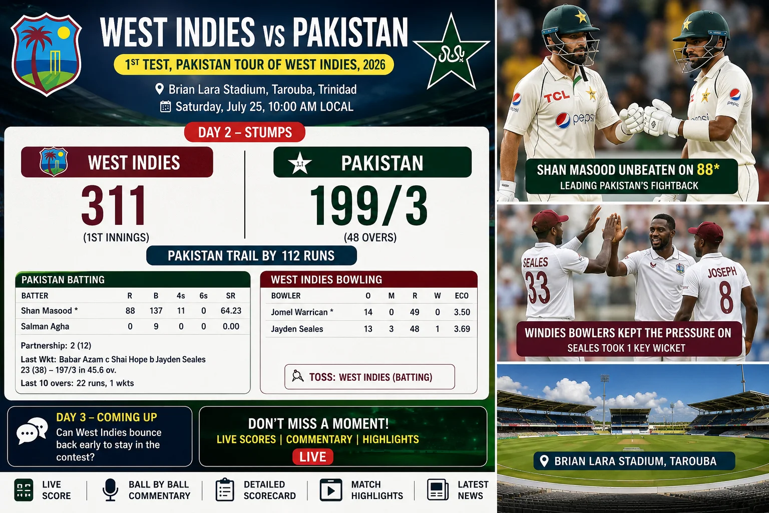 West Indies vs Pakistan 1st Test 2026 – Live Score & Updates