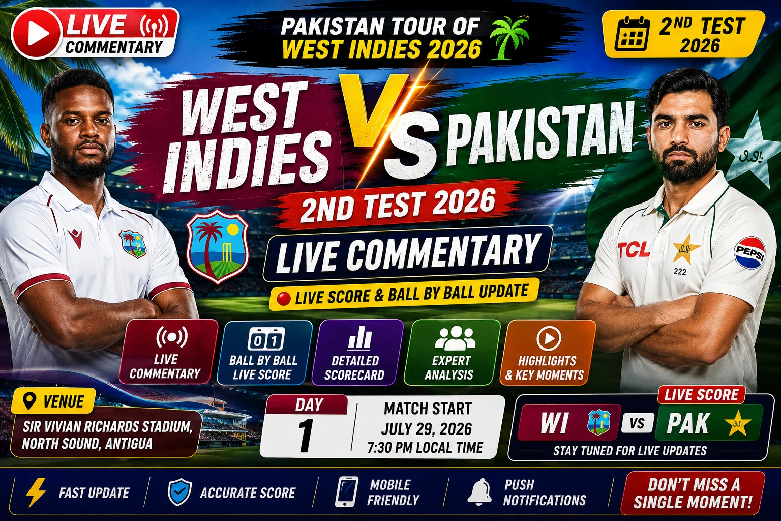 West Indies vs Pakistan 2nd Test 2026 Live Commentary