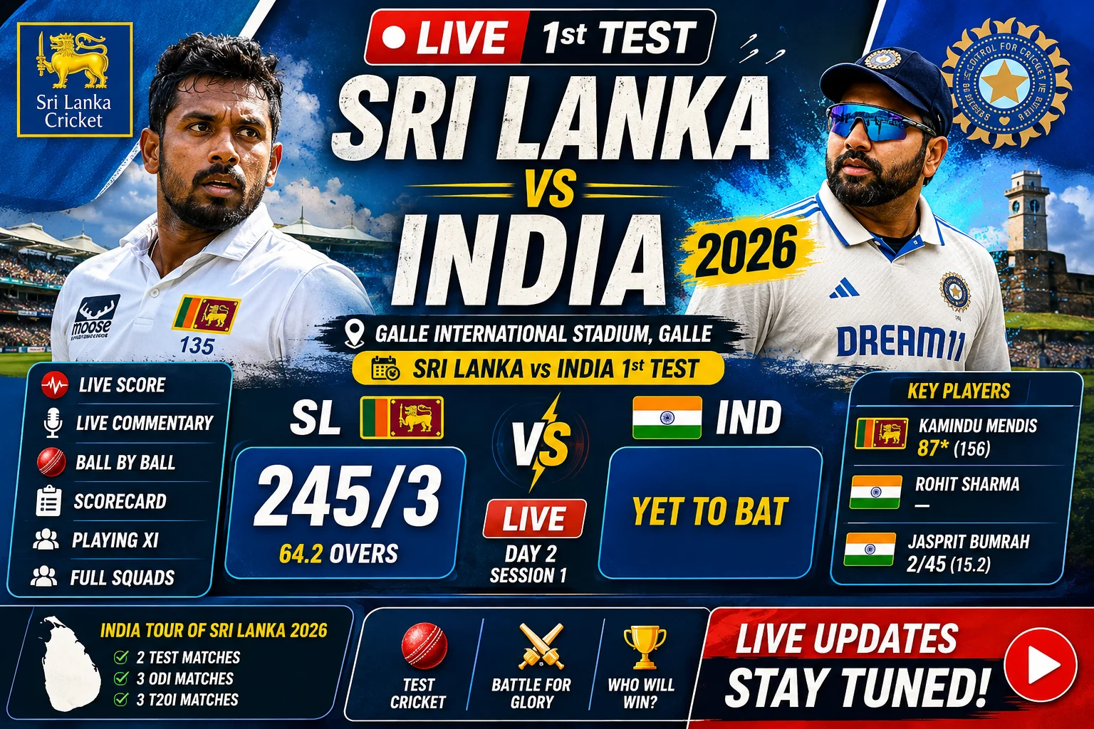 Sri Lanka vs India 2026 1st Test Live Score