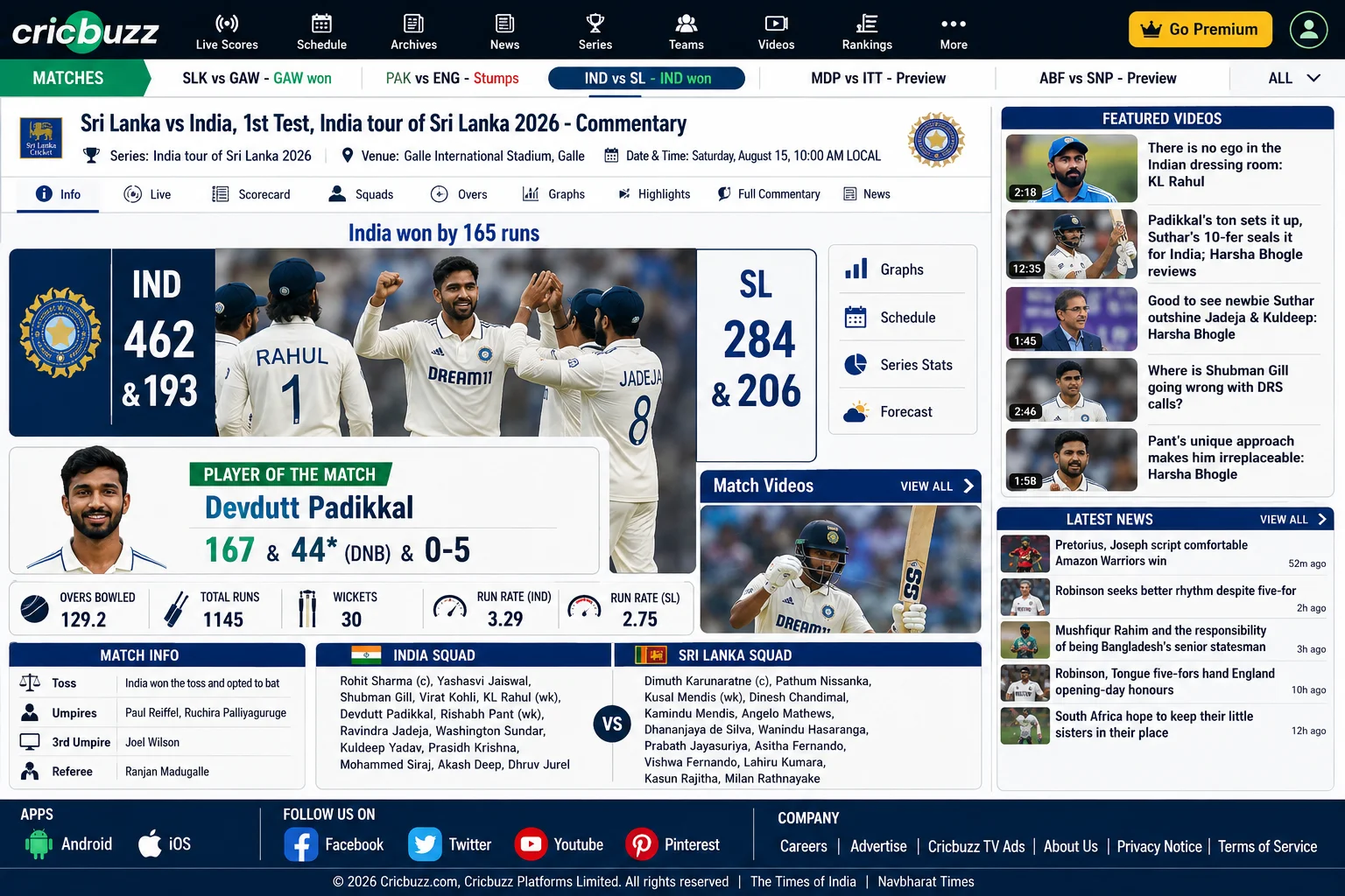 Sri Lanka vs India, 1st Test, India tour of Sri Lanka 2026